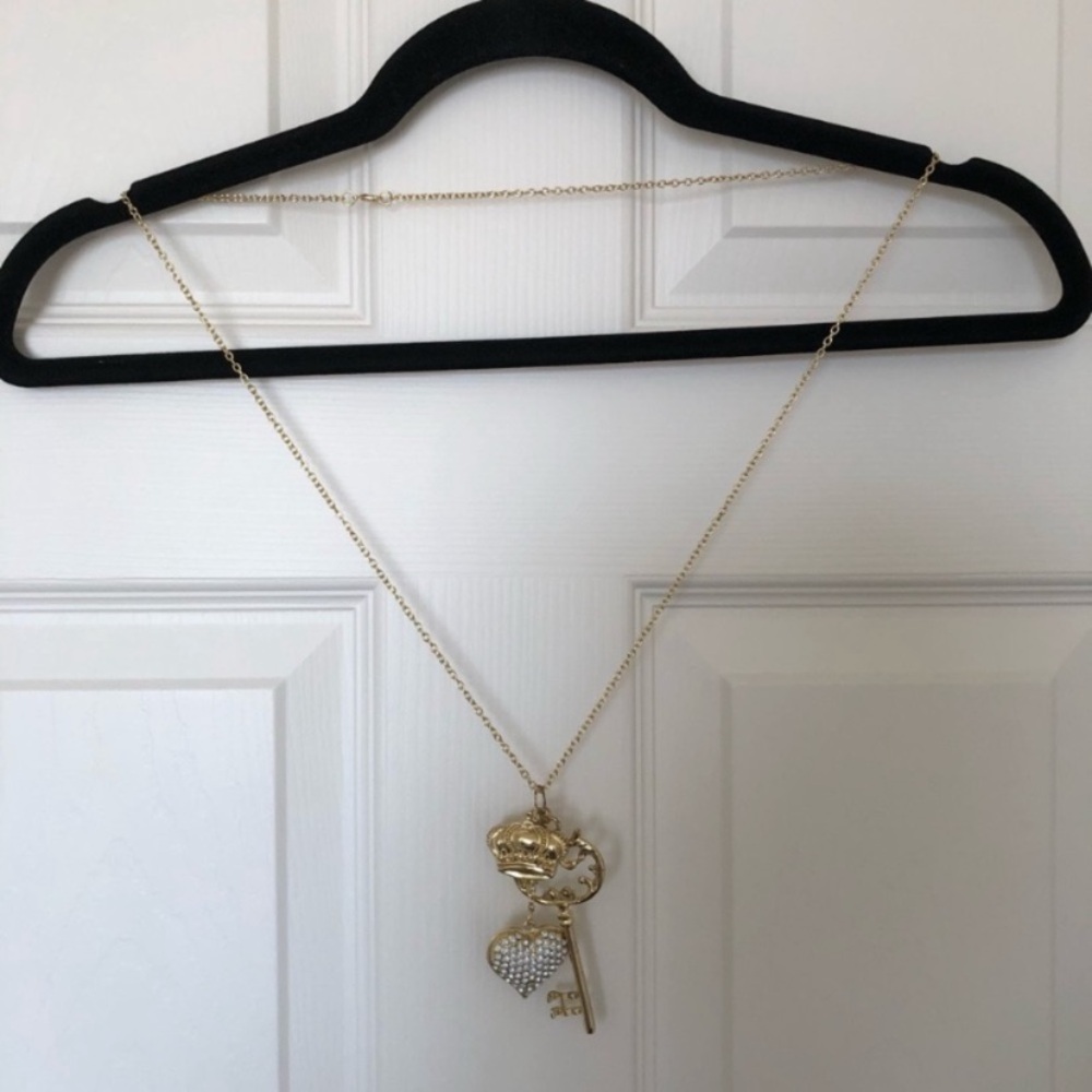 Gold Key & Crown Pendant Necklace with Rhinestone Heart
